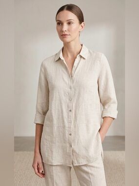 Tahari 100% Linen Button Down Shirt Cream Beige Neutral Size M — NWT
